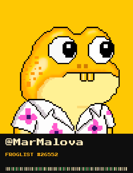 A pixel art image features a yellow frog character with large eyes wearing a floral shirt against a yellow background, with the text '@MarMalova' and 'FROGLIST #26552' below.