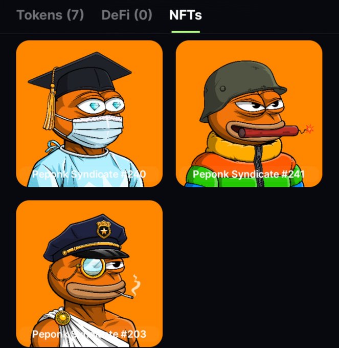 A cryptocurrency wallet app showing an NFTs tab with three Peponk Syndicate cartoon frog characters (#240, #241, #203) on orange backgrounds.