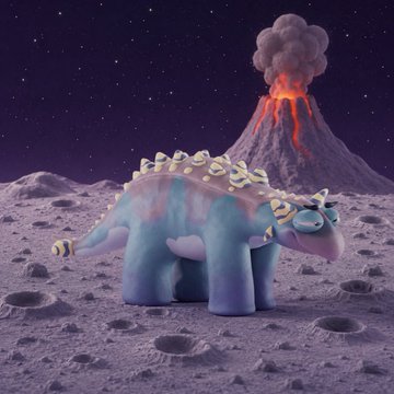 A 3D-rendered dinosaur-like creature with flowers along its back stands on a moon-like surface with a smoking volcano erupting in the background.