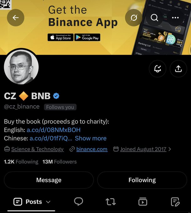 Twitter profile of CZ (cz_binance), CEO of Binance, with 13M followers promoting a charity book, displayed on mobile.