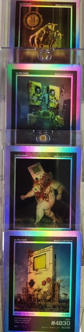 A stack of holographic trading cards features artwork of hybrid characters combining the SpongeBob SquarePants and Teenage Mutant Ninja Turtles franchises, with the bottom card numbered #4830 and labeled 'CP FOR DEADLY DUO'.