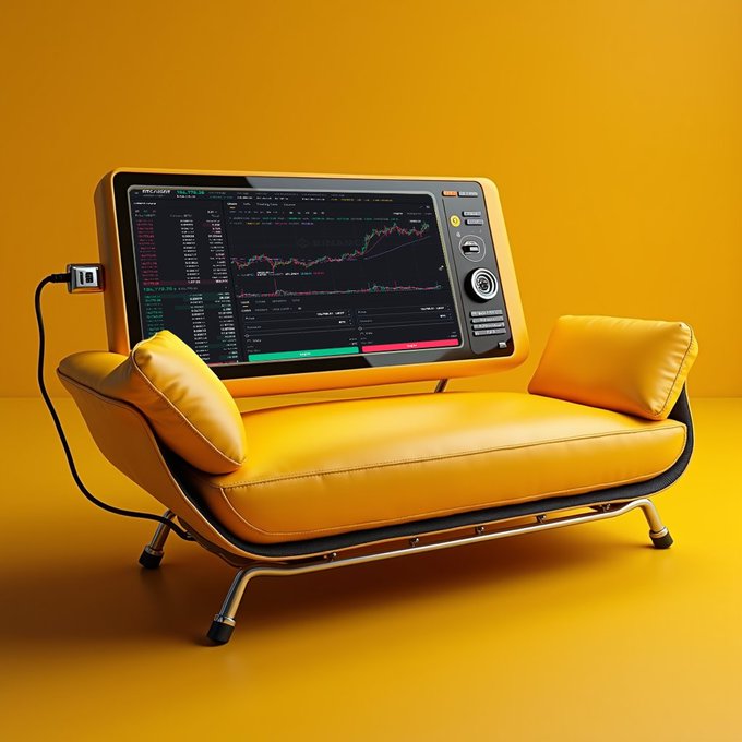 A sleek yellow futon-style couch features a built-in trading monitor displaying colorful candlestick charts and market data, perfectly matching the "chillin' and tradin' setup on point!" post by fusing leisure with active stock trading.