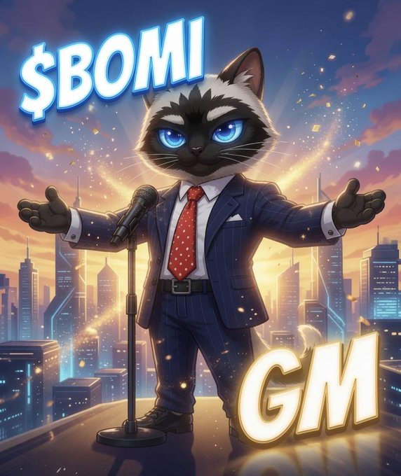 Digital artwork of a Siamese-style cat in a business suit with red tie, standing at a microphone with text '$BOMI' at the top and 'GM' (Good Morning) at the bottom right.