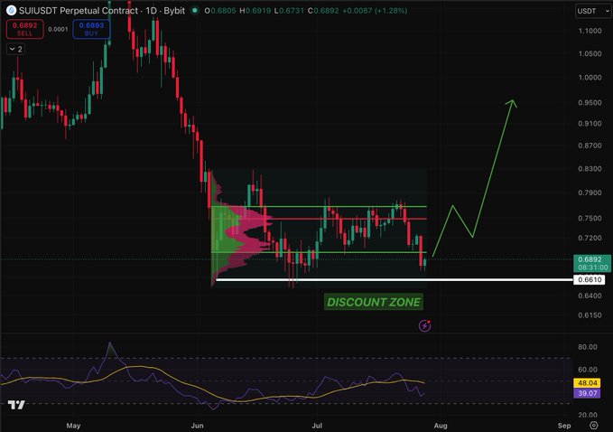 This SUI/USDT perpetual contract chart from Bybit shows price action and volume at price, with a "DISCOUNT ZONE" highlighted near the $0.6610 support level, suggesting a potential upward price rotation. The accompanying text accurately describes this visual analysis, mentioning the key support level of $0.66 and potential targets of $0.77 and $0.95.