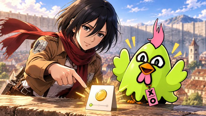 Anime illustration of a character from Attack on Titan (resembling Mikasa) pointing at a green cartoon chicken wearing an XO tag, with a golden egg displayed on a card.