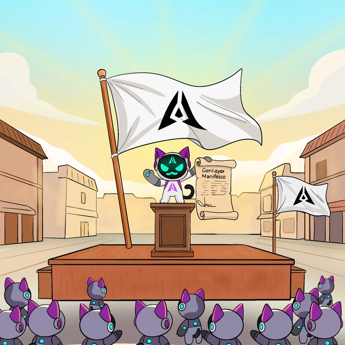 A cartoon cat character on a podium holding a scroll labeled 'GenLayer Manifesto,' with flags bearing the same logo and an audience of robotic cats watching.