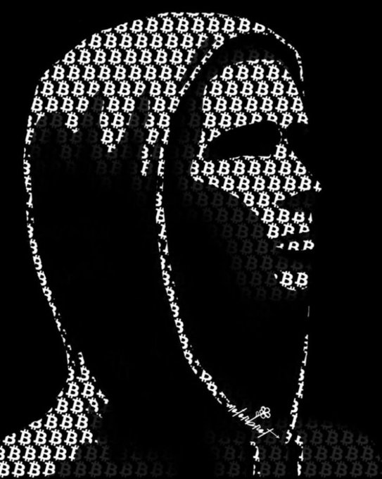 The image shows a stylized hooded figure rendered entirely from repeated "B" characters in white against a black background, resembling ASCII art of a mysterious hacker or anonymized trader silhouette. It complements the post by visually representing the anonymous crypto influencer claiming top rankings in analytical depth across major coins like $BTC, $ETH, $SOL, and others on CMC.