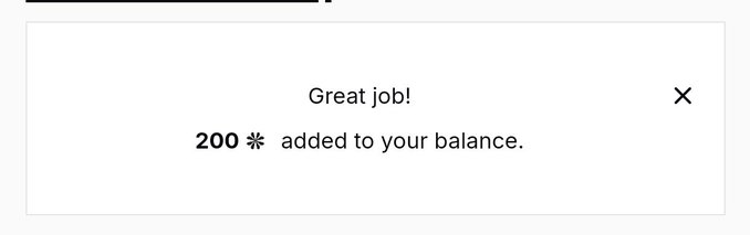 A notification pop-up displays "Great job! 200 ❄ added to your balance," likely representing a crypto or token-based reward, tying into the post's theme of blockchain, digital assets, and the quantum computing threat to current on-chain security highlighted by @quipnetwork.