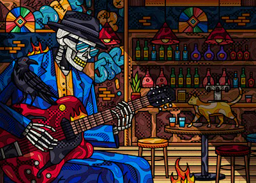 The image features a painting of a skeleton dressed as a musician playing a guitar in front of a bar scene. The painting also includes a cat walking by and birds perched near the bars, creating a lively atmosphere. This artwork is an example of pay-to-view content posted on social media platforms like Instagram. The post has a small description that reads "A Dying Breed" or "@smirapdesigns SOLD↴ to thor_gmonke for 0.969 ETH".