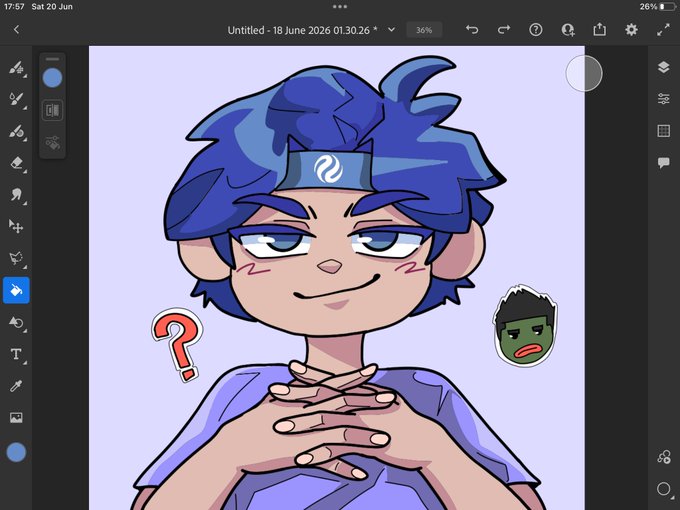 The image features two drawings of cartoon characters with blue hair against a purple background. The first character has a question mark above their head, while the second character has a green face. The text "My creative process in two pictures" suggests that these drawings are part of an ongoing project or artistic exploration. The post also mentions the presence of Adobe Fresco and Canva logos, which could indicate the use of specific software or platforms for creating digital artworks.