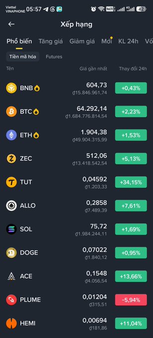 A Vietnamese cryptocurrency app called 'Xếp hạng' showing a price ranking list with BNB, BTC, ETH, ZEC, TUT (+34.15%), ALLO (+7.61%), SOL, DOGE, ACE (+13.66%), PLUME (-5.54%), and HEMI (+11.04%) with their prices and 24h changes.