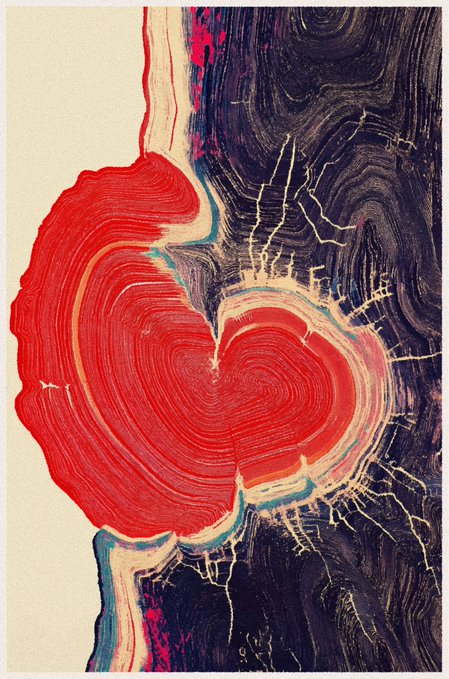 An abstract mixed-media artwork showing swirling, marbled patterns in red, black, and cream colors, resembling the cross-section of wood or a heart-shaped geological formation.