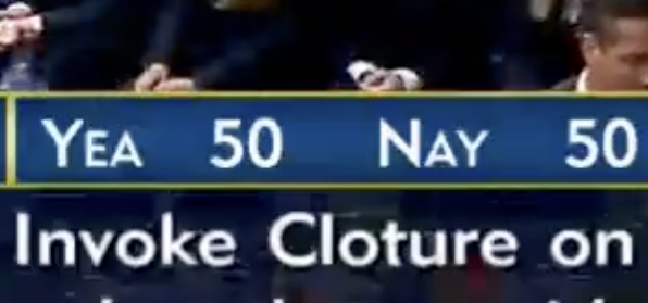 A blue screen displays a tied vote count of 'Yea 50 Nay 50' above the text 'Invoke Cloture on'.