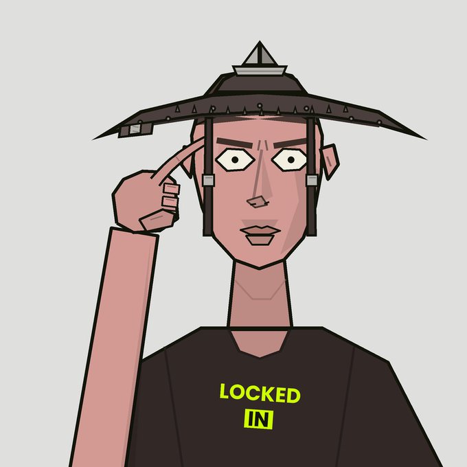 A cartoon character wearing a wide-brimmed hat points to his temple, displaying a "LOCKED IN" shirt that ties directly to the @LockedinHL NFT project celebrated in the post's 1/1 milestone shout-out.