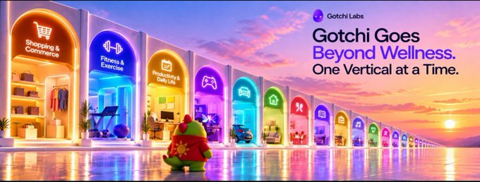 A colorful promotional banner for 'Gotchi Labs' showing a cute creature in front of arched storefronts representing various verticals like Shopping & Commerce, Fitness & Exercise, and Productivity.