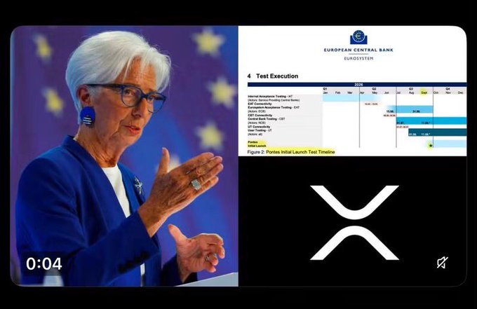 A woman with short white hair and glasses speaks at a podium in front of an EU flag, while a slide titled "Test Execution" from the European Central Bank (EUROSYSTEM) shows a "Pilotes Initial Launch Test Timeline" for Q3 2026 and 2027, alongside the XRP logo. The image visually supports the announcement that the ECB has released the Project Pontes launch schedule utilizing XRP Ledger technology.