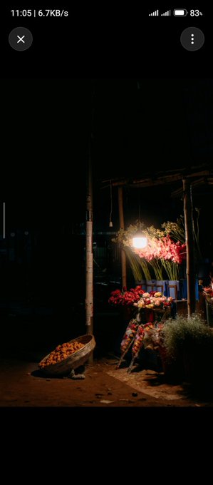 A nighttime photograph of a roadside flower and fruit stand illuminated by a single hanging bulb, featuring a wooden basket of oranges on the ground and bouquets of pink and red flowers.