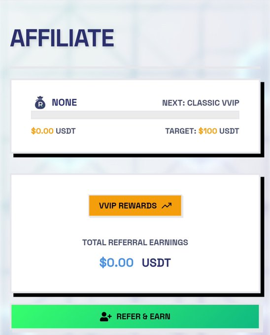 The image shows an "AFFILIATE" dashboard panel displaying a user's current tier as "NONE" with $0.00 USDT earned and a target of $100 USDT to reach the next "CLASSIC VVIP" tier, along with a total referral earnings of $0.00 USDT and a green "REFER & EARN" button at the bottom. This ties to the post by illustrating the traditional loyalty system the critic describes—one where your tier status (or lack thereof, shown as "NONE") and rewards are controlled by a platform's database—contrasted with their pitch of on-chain, soulbound VVIP tokens where status becomes verifiable and immutable rather than opaque.