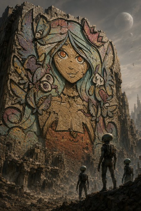 A digital fantasy illustration of three astronauts in helmets looking up at a crumbling wall bearing a large mural of a girl with teal hair, pink butterflies, and glowing orange eyes, with planets visible in the sky.