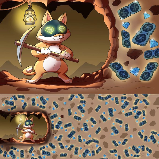 A video game screenshot shows a cartoon cat with glowing diamond eyes holding a pickaxe in a cave, with the top screen displaying the character and the bottom screen showing a mining map filled with gems and ore.