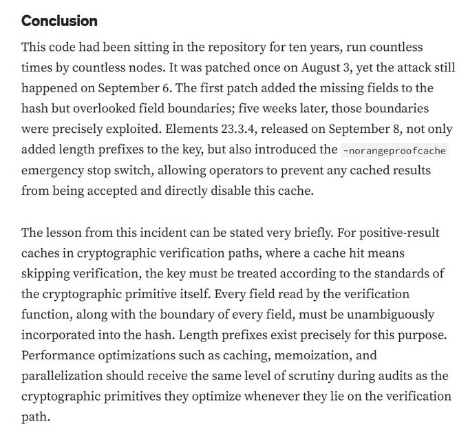 A text excerpt titled "Conclusion" discussing a security incident involving cached results, missing hash fields, and field boundaries, mentioning Elements 23.3.4 and a "-norangeproofcache" emergency stop switch.