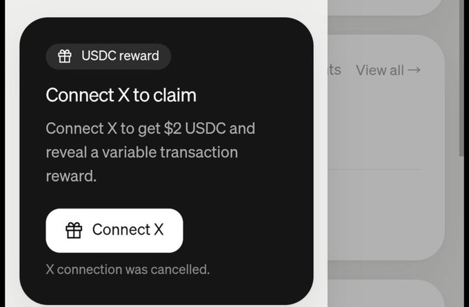 The image shows a Moonpay rewards interface offering a "USDC reward" to connect an X (formerly Twitter) account, promising $2 USDC plus a "variable transaction reward." The accompanying caption expresses frustration over the minimal payout for the effort required, with the X connection shown as cancelled, suggesting the user gave up on claiming the small reward.