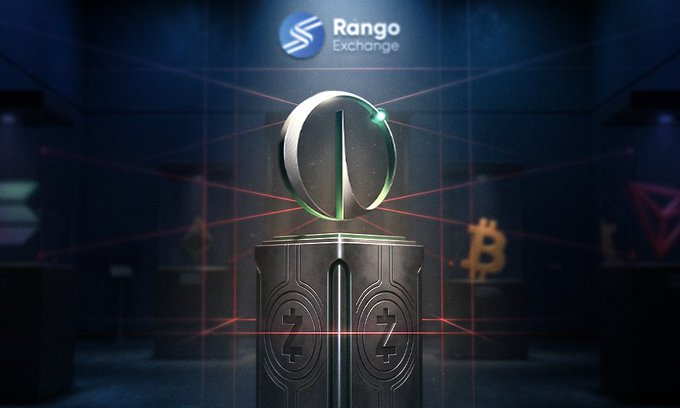 A digital graphic for 'Rango Exchange' featuring a metallic logo and cryptocurrency symbols like Bitcoin in the background.