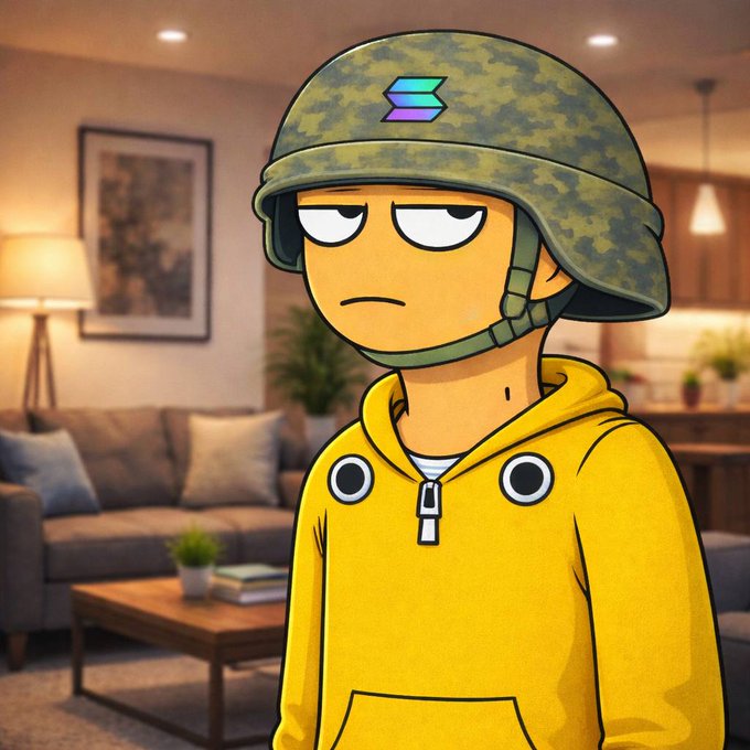 An animated cartoon character wearing a yellow hoodie and a camouflage helmet with a Solana logo stands in a living room, looking unimpressed.
