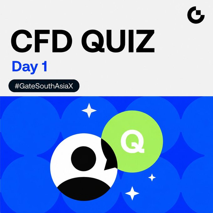 Promotional graphic for "CFD QUIZ Day 1" with the hashtag #GateSouthAsiaX, featuring Gate.io branding and a cartoon eye character alongside a green "Q" speech bubble on a blue background. The image introduces a daily CFD macro quiz about the EIA Crude Oil Inventory Report, where participants can win 10 USDT.