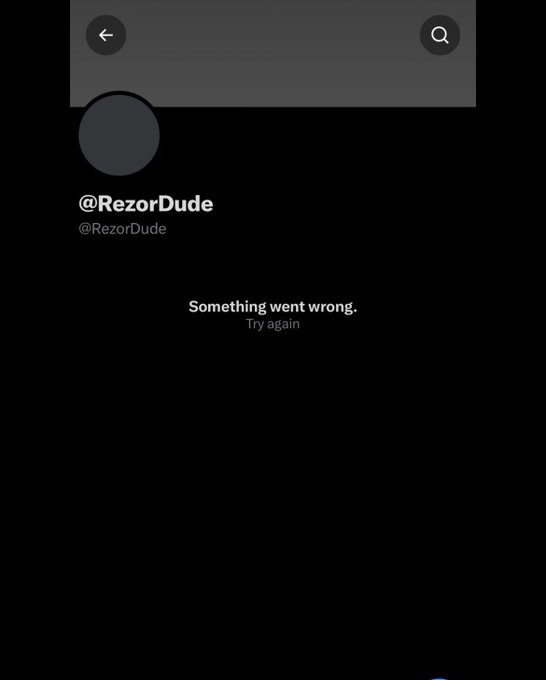 A profile page for '@RezorDude' displaying an error message that reads 'Something went wrong. Try again.'