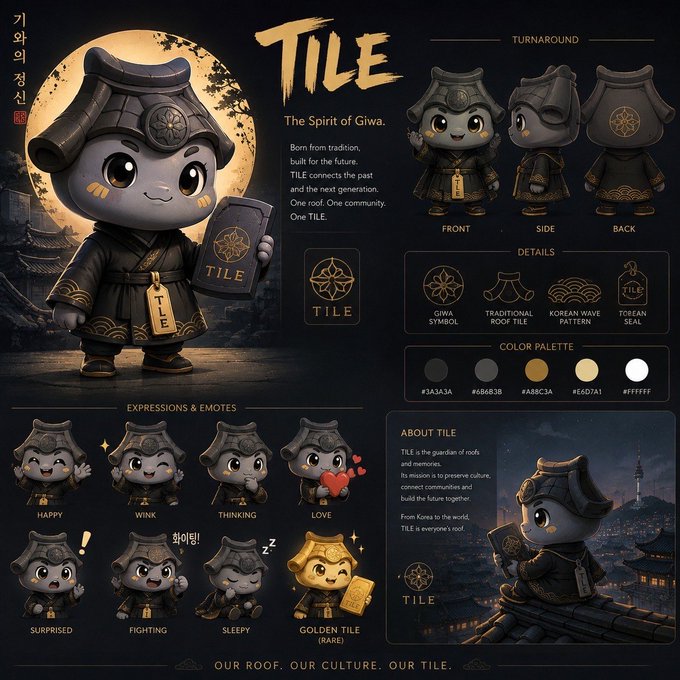 A character design sheet showcases 'TILE, The Spirit of Giwa,' a cute mascot wearing a traditional Korean roof-tile-inspired helmet and outfit, featuring multiple expressions, color palettes, and turnaround views.