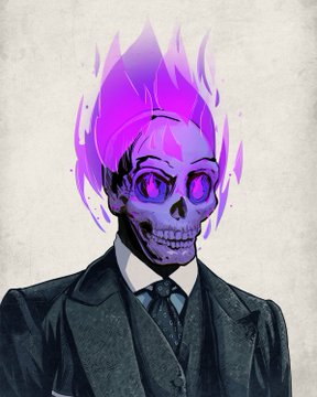 A digital illustration of a figure with a skull face, glowing purple eyes, and purple flame-like hair wearing a black suit and tie against a textured cream background.
