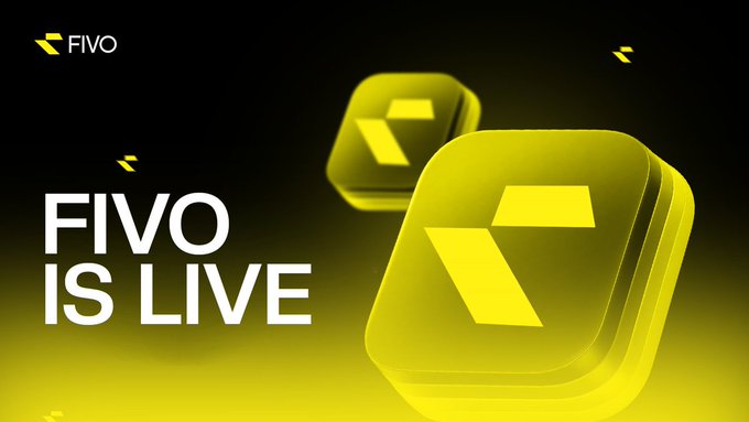 A promotional banner with the text 'FIVO IS LIVE' showing yellow FIVO logo cubes against a dark background with yellow gradient lighting.