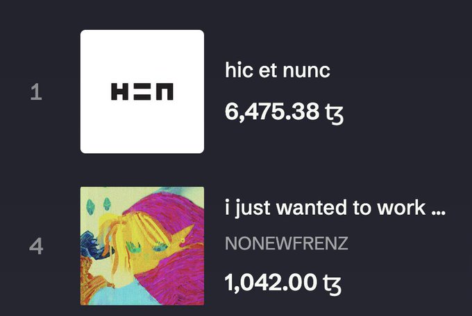 A screenshot showing NFT listings: item 1 "hic et nunc" by HEN priced at 6,475.38 tz, and item 4 "i just wanted to work..." by NONEWFRENZ priced at 1,042.00 tz.
