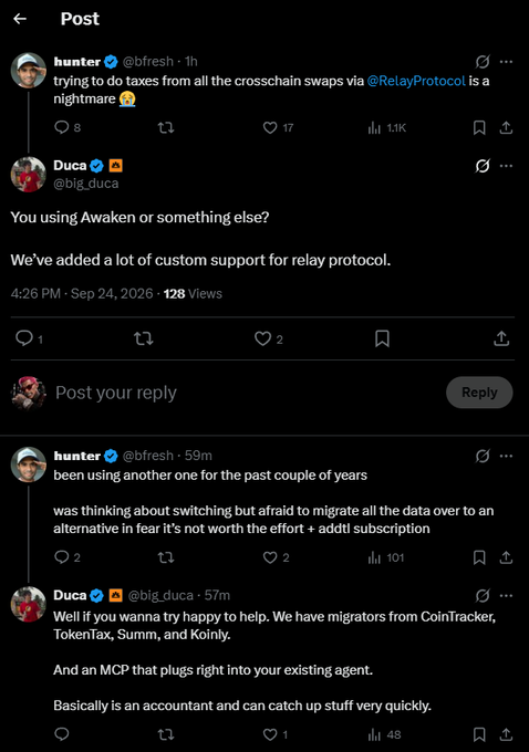 A screenshot of a social media post thread on X (formerly Twitter) featuring users 'hunter' (@bfresh) and 'Duca' (@big_duca) discussing tax difficulties with crosschain swaps via @RelayProtocol.