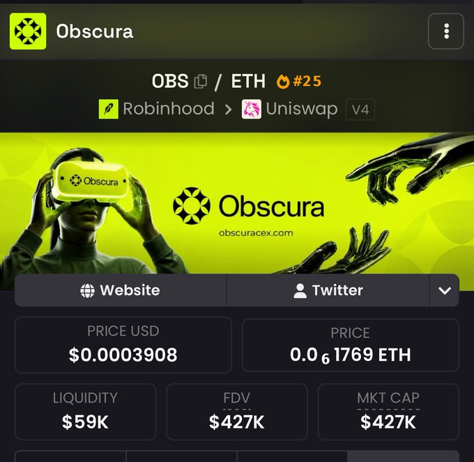 A cryptocurrency tracker screen for token 'Obscura' shows trading details OBS/ETH #25 via Robinhood and Uniswap V4, with price $0.0003908 (0.0001769 ETH), liquidity $59K, and market cap/FDV of $427K.