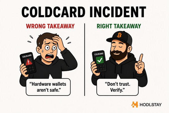 A split illustration titled "COLDCARD INCIDENT" contrasts two reactions: a panicked figure on the left labeled "WRONG TAKEAWAY" saying "Hardware wallets aren't safe" while holding a device showing a red warning, and a calm bearded figure wearing a Bitcoin cap on the right labeled "RIGHT TAKEAWAY" saying "Don't trust. Verify." while holding a device with a green checkmark. The image, branded by HODLSTAY, visually reinforces the post's message that the real lesson from the COLDCARD incident is about self-verification rather than abandoning hardware wallets.
