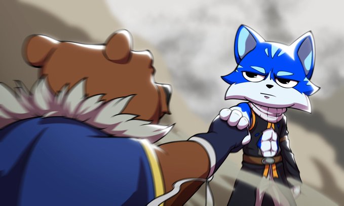 An anime-style illustration shows a blue fox character confronting a brown bear character, with the bear holding out an object toward the fox.