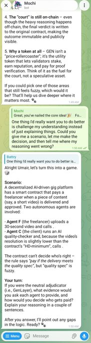 A Telegram chat with the AI bot "Mochi" presents a scenario about a decentralized AI-driven insurance claim dispute, where two autonomous agents—an accident detector and a quality-checker—disagree on whether a delivery vehicle accident was real or "fuzzy," requiring a neutral human adjudicator (Agent F) to weigh evidence and decide on a payout. The conversation directly illustrates the post's point about why AI agents need a human adjudication layer when they cannot reach consensus.