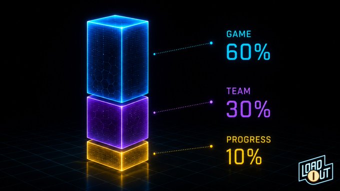 A neon-lit 3D bar chart visualization against a black background displays three stacked glowing cubes in blue, purple, and orange, labeled 'GAME 60%', 'TEAM 30%', and 'PROGRESS 10%', with a 'LOAD OUT' logo in the corner.