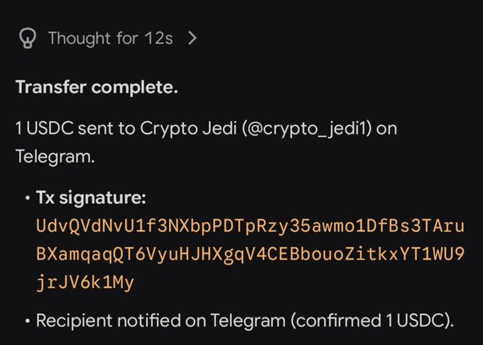 A cryptocurrency transaction screenshot showing "Transfer complete" with 1 USDC sent to Crypto Jedi (@crypto_jedi1) on Telegram, including a transaction signature.