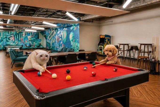 A cat and a small dog play pool together on a red felt billiard table in a recreational room with arcade games and a colorful mural in the background.
