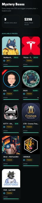 A 'Mystery Boxes' page showing 9 boxes available and $398 total prize value, with various available prizes including Wolves, Tesla, Kris, PACK, KITTY-K, CTP - Cronos Tree, $FIF - FIFTYTHREE, CROJAG, and CMB - Beef CMB.