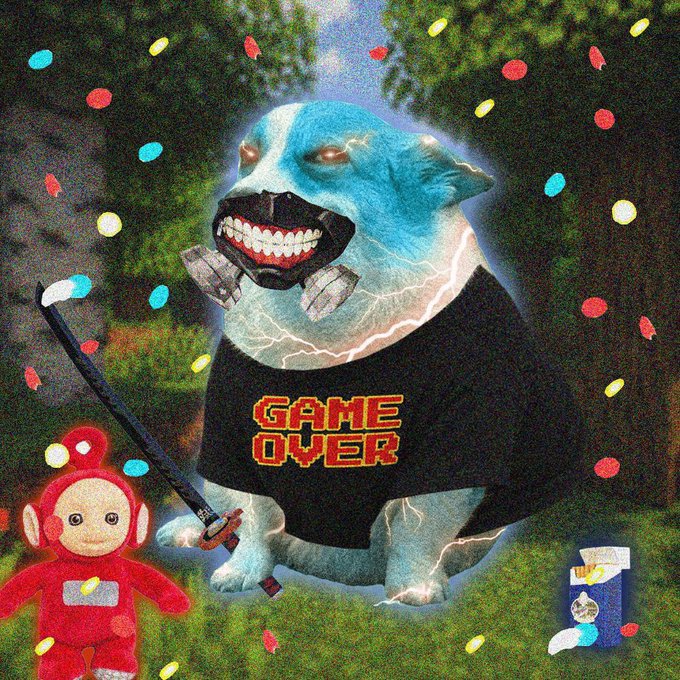 A surreal image featuring a giant dog wearing a "GAME OVER" shirt with a wide toothy grin, holding a sword, standing next to a red Teletubby-like figure amid glowing lights and a forested background—evoking the chaotic, meme-driven energy of the $CASHDOGS crypto project boasting 14M and 430 holders.