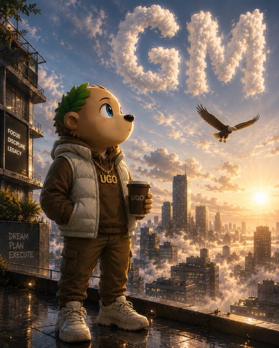 An AI-generated illustration of a cartoon bear character wearing a 'UGO' hoodie and holding an 'UGO' coffee cup, standing on a rooftop overlooking a city skyline at sunset, with motivational text like 'FOCUS DISCIPLINE LEGACY' and 'DREAM PLAN EXECUTE' visible.