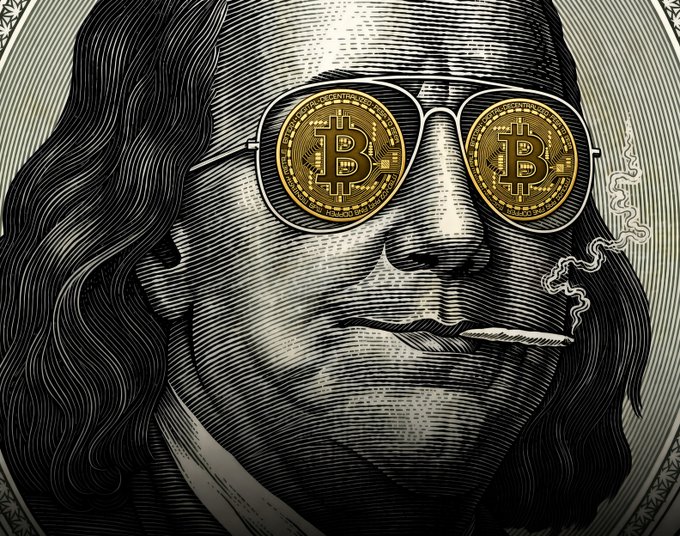 The image features a detailed engraving of Benjamin Franklin from the U.S. hundred-dollar bill, wearing sunglasses with Bitcoin coins as the lenses and holding a joint. The cryptic "keep winning in private" message aligns with the Bitcoin-sunglasses motif, suggesting quiet accumulation of crypto wealth without drawing attention.