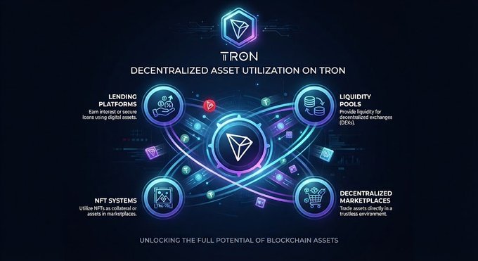 An infographic titled 'TRON: Decentralized Asset Utilization on TRON' illustrating four use cases: Lending Platforms, Liquidity Pools, NFT Systems, and Decentralized Marketplaces, with the tagline 'Unlocking the Full Potential of Blockchain Assets'.