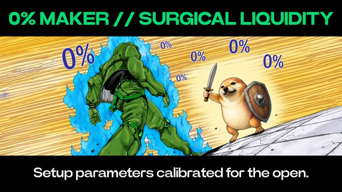 The image presents a cartoon scene where a green character, possibly an alien or a monster, wields a sword while another animal, more likely a dog, holds a shield with a sword (or even a spear) at its side. The two characters are locked in battle over a weapon. This illustration seems to be related to the topic of 0% maker/sururgical liquidity, as indicated by the presence of certain symbols and text. The image may serve as an advertisement or a visual representation of a product or concept related to the maker market or medical field.