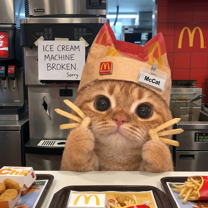 A humorous image of an orange cat wearing a McDonald's paper hat with a 'McCat' name tag, holding french fries like whiskers, with a sign in the background reading 'ICE CREAM MACHINE BROKEN. Sorry.'