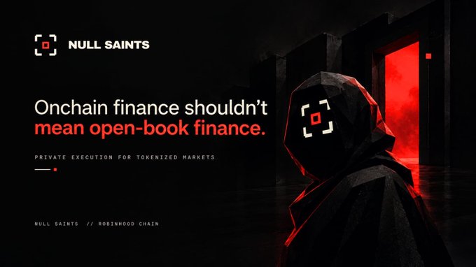 A dark, atmospheric promotional banner for 'NULL SAINTS' on Robinhood Chain featuring a hooded figure and text stating 'Onchain finance shouldn't mean open-book finance' with the tagline 'PRIVATE EXECUTION FOR TOKENIZED MARKETS'.